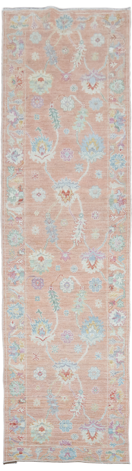 Vegetable Dye All Ove Wool Oushak Turkish Runner Rug 3x12