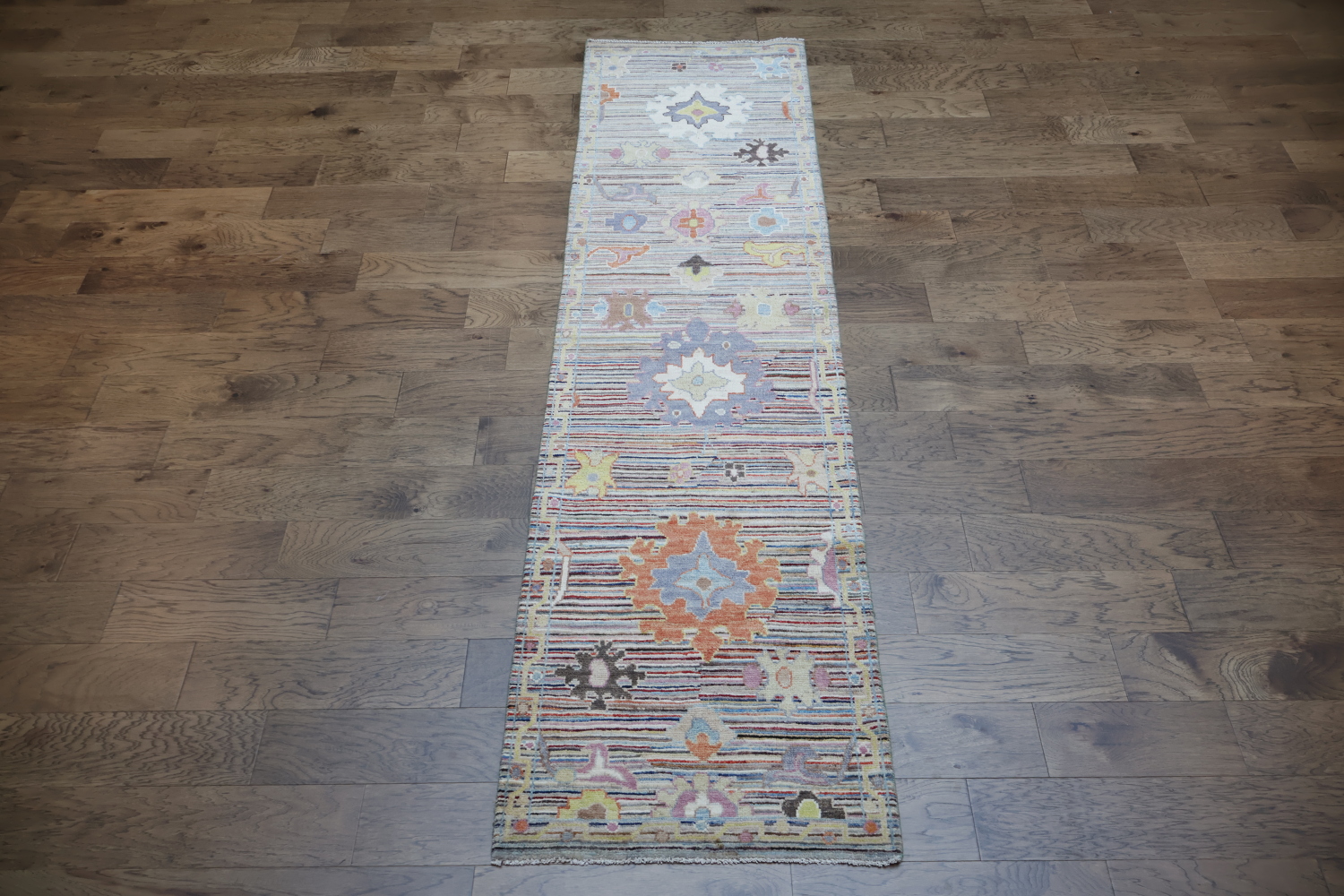 Unique Geometric Wool Oushak Turkish Runner Rug 3x10