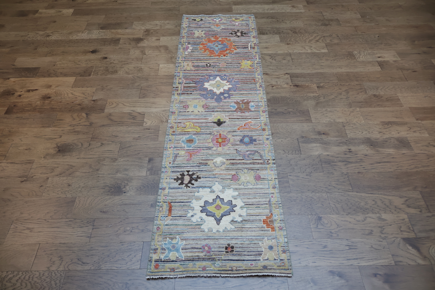 Unique Geometric Wool Oushak Turkish Runner Rug 3x10
