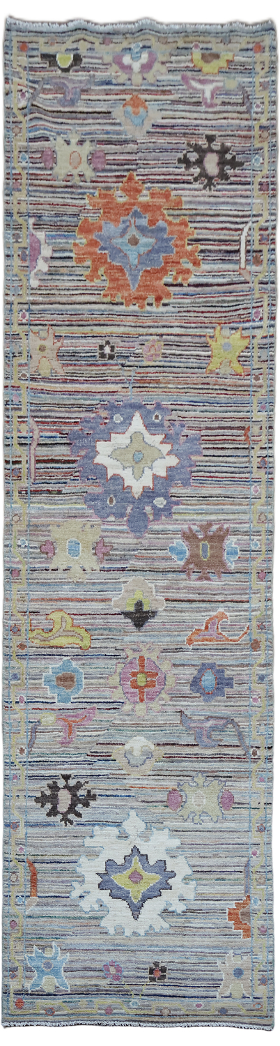 Unique Geometric Wool Oushak Turkish Runner Rug 3x10