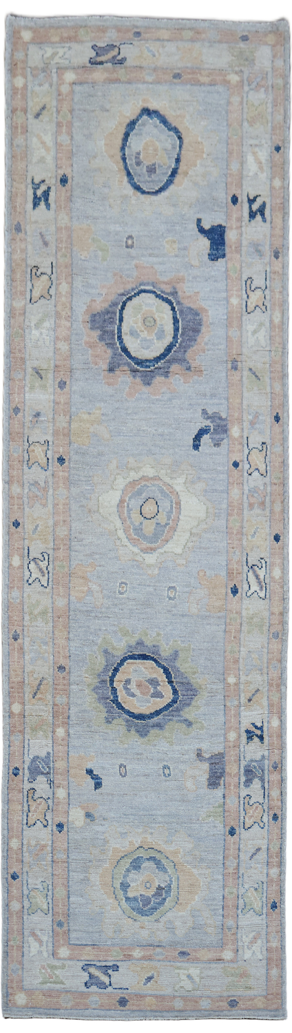 Geometric Blue Wool Oushak Turkish Runner Rug 3x10