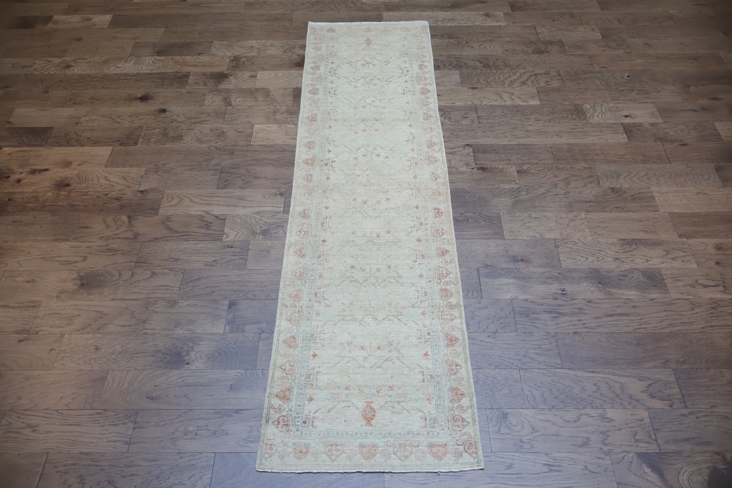 Muted Wool Geometric Oushak Turkish Runner Rug 3x9