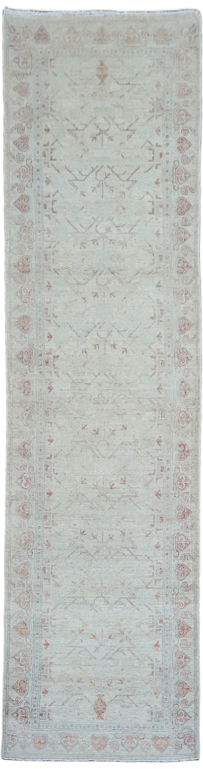 Muted Wool Geometric Oushak Turkish Runner Rug 3x9