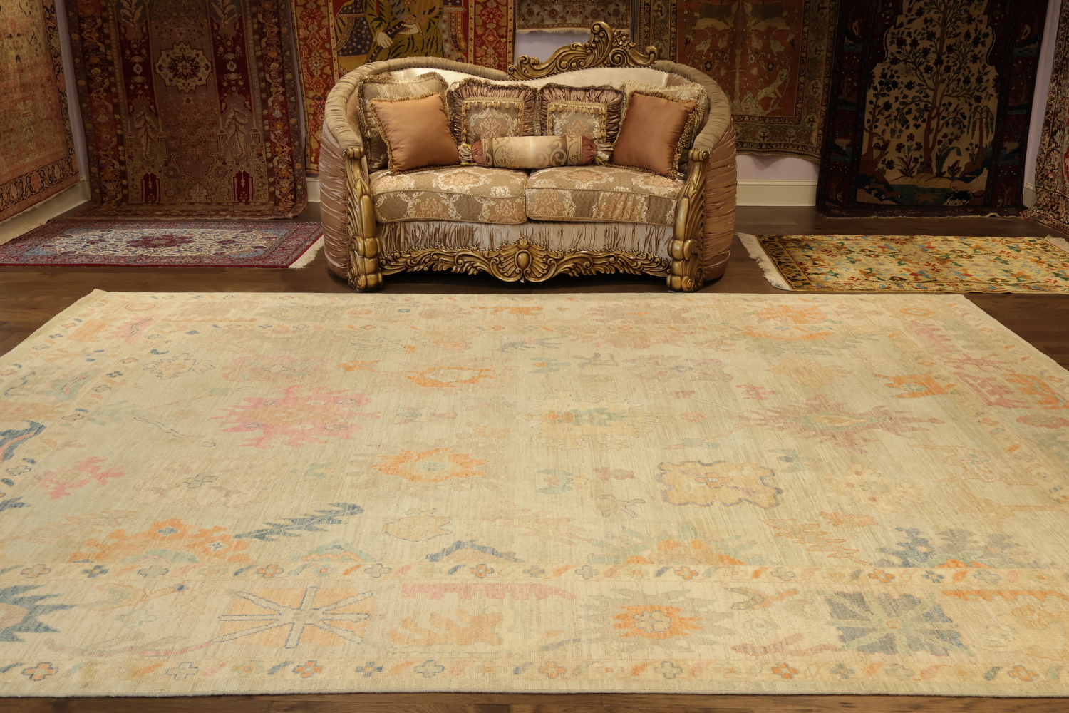 Vegetable Dye Muted Green Wool Oushak Turkish Large Rug 10x14