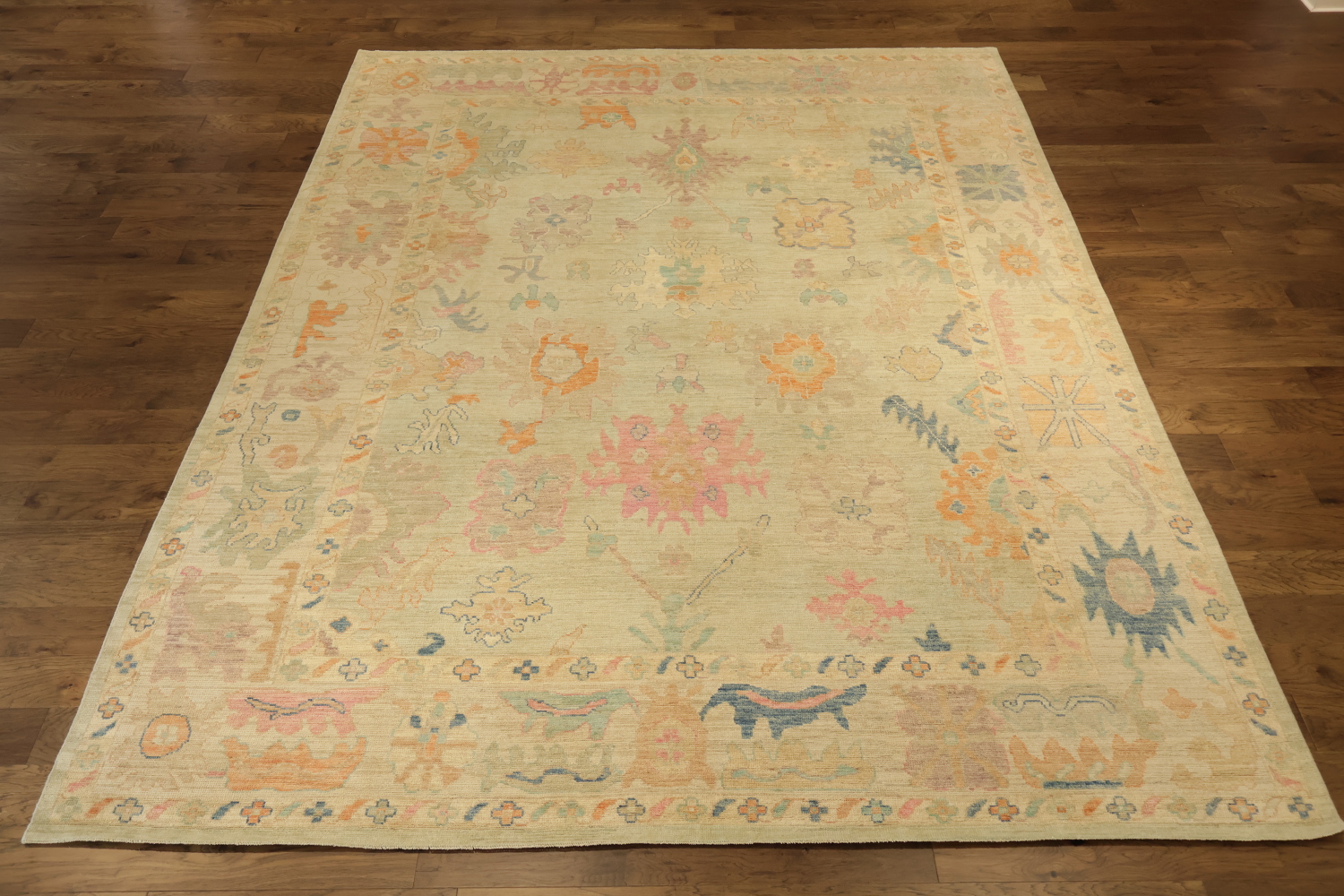 Vegetable Dye Muted Green Wool Oushak Turkish Large Rug 10x14