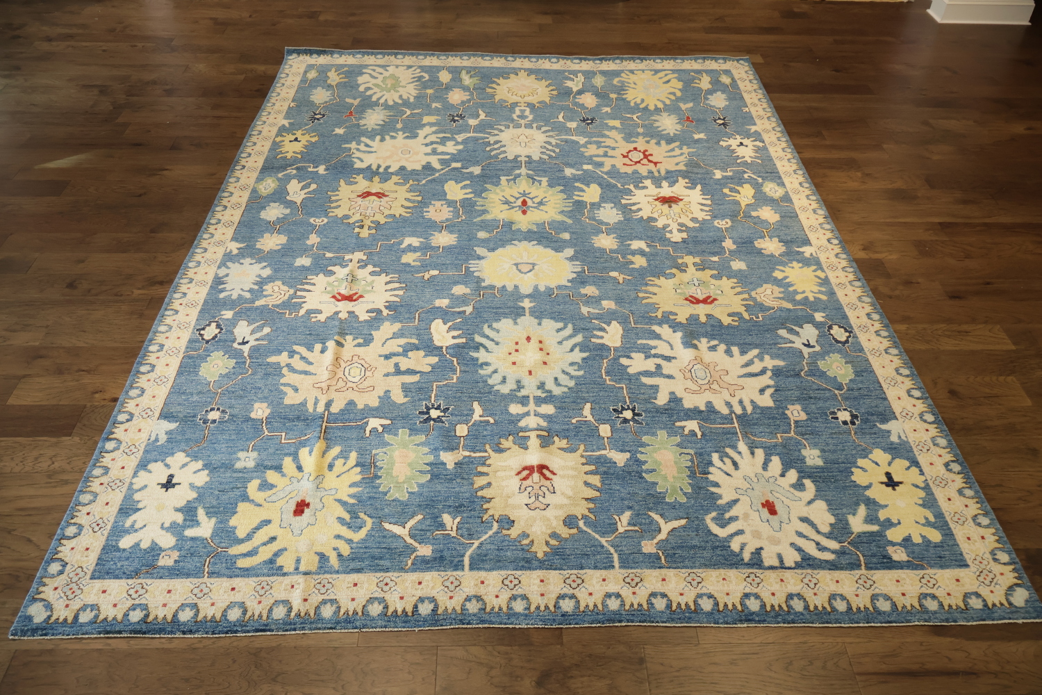 All Over Floral Blue Oushak Turkish Large Wool Rug 10x14