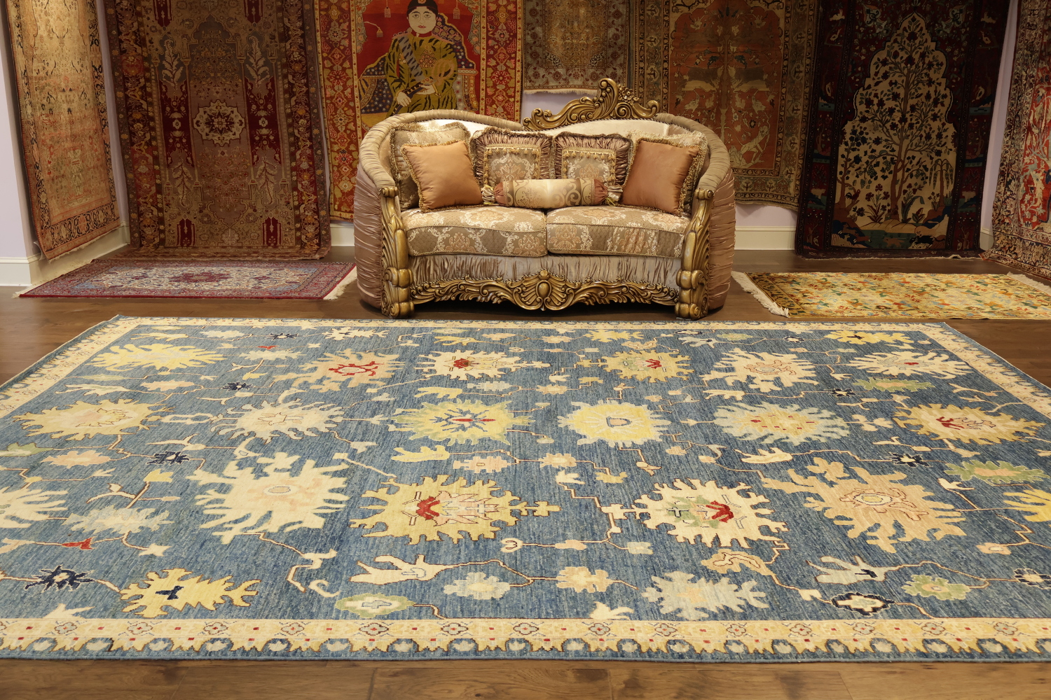 All Over Floral Blue Oushak Turkish Large Wool Rug 10x14