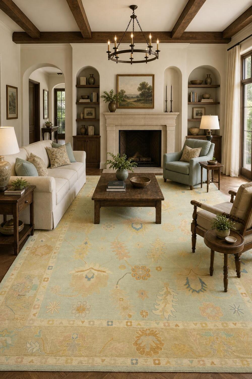 Muted Green Oriental Oushak Turkish Large Wool Rug 10x14