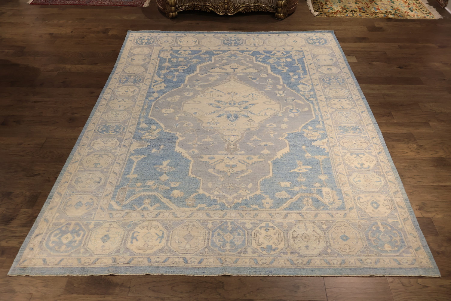 Muted Geometric Blue Oushak Turkish Area Wool Rug 9x12