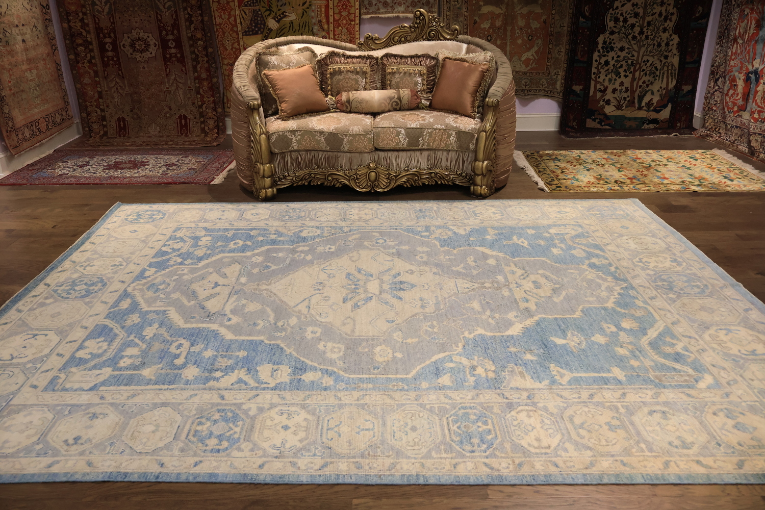 Muted Geometric Blue Oushak Turkish Area Wool Rug 9x12