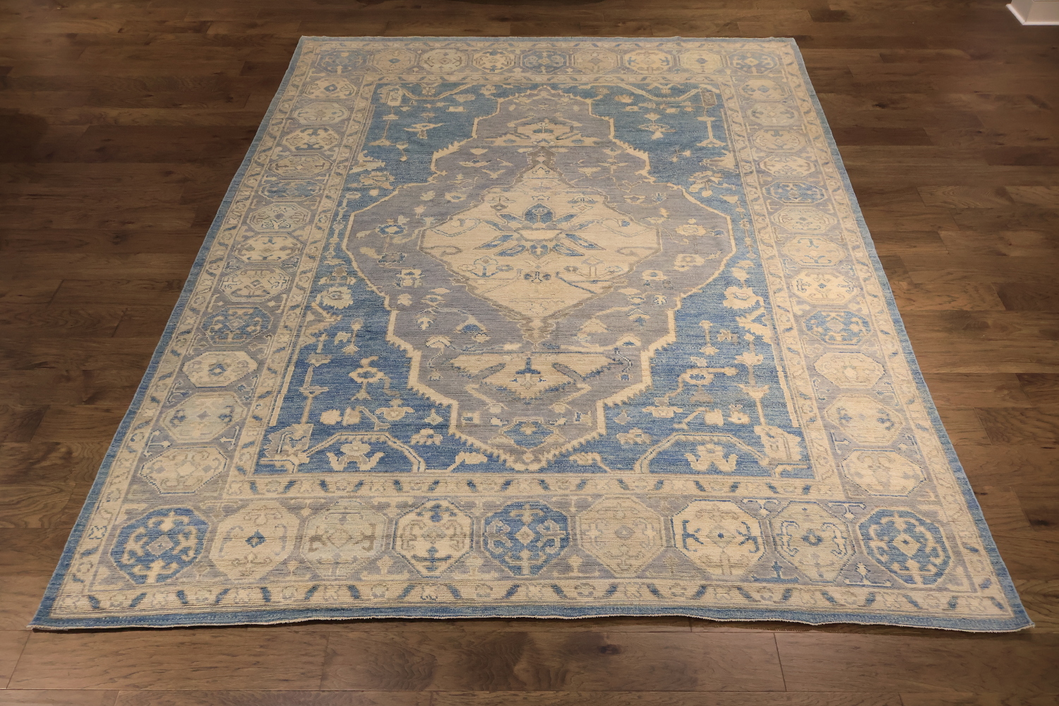 Muted Geometric Blue Oushak Turkish Area Wool Rug 9x12