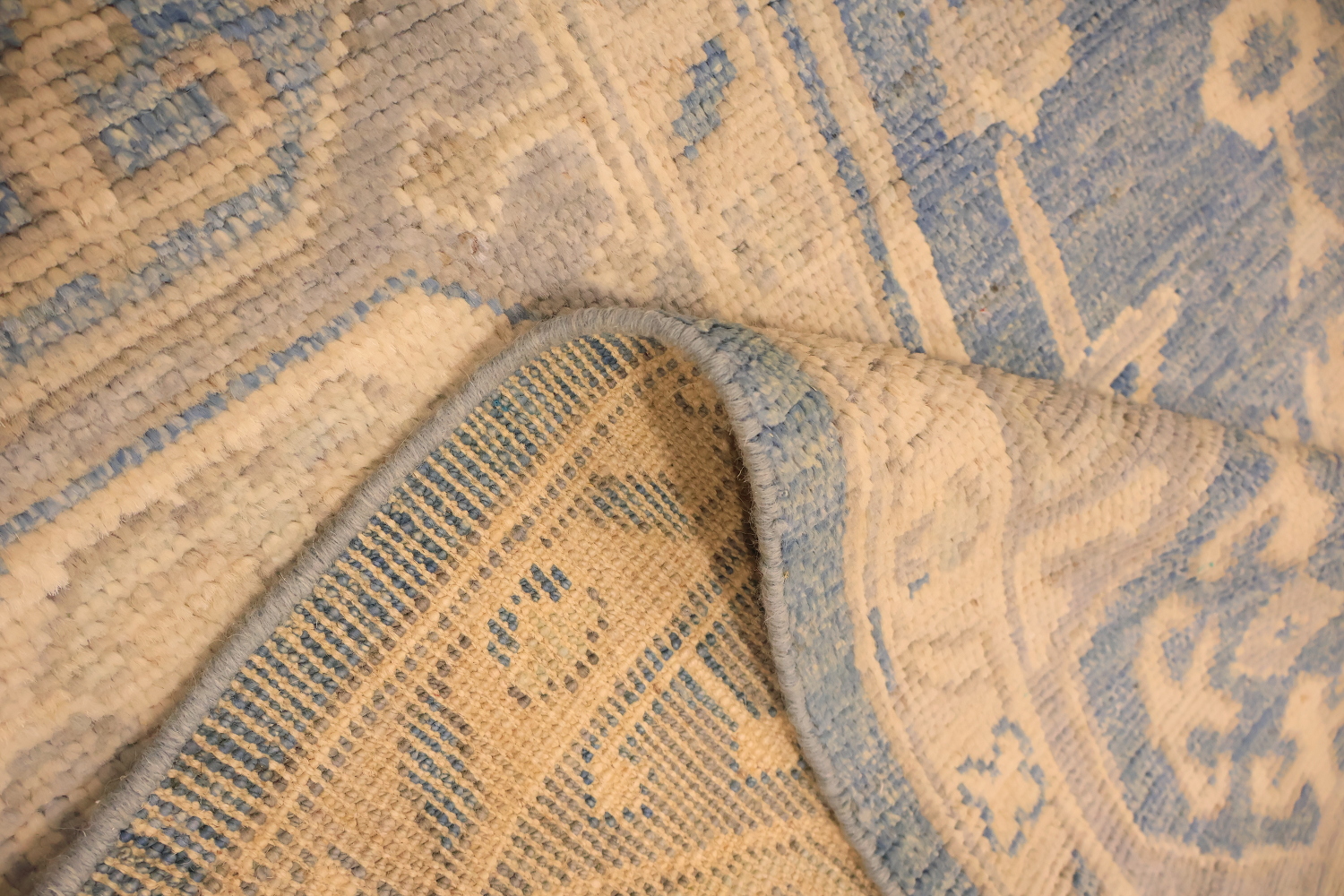 Muted Geometric Blue Oushak Turkish Area Wool Rug 9x12