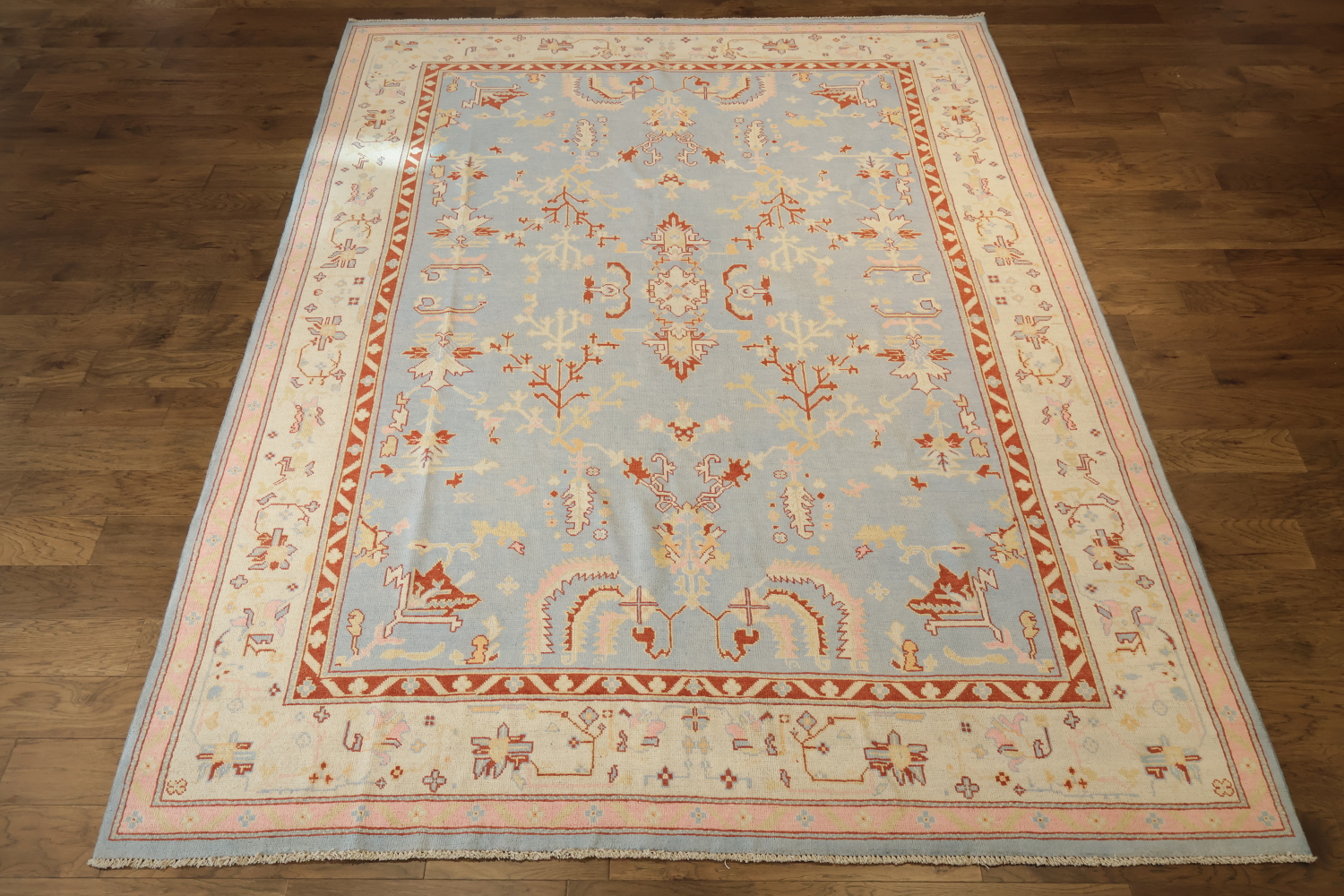 Vegetable Dye Wool Muted Blue Oushak Turkish Area Rug 9x12