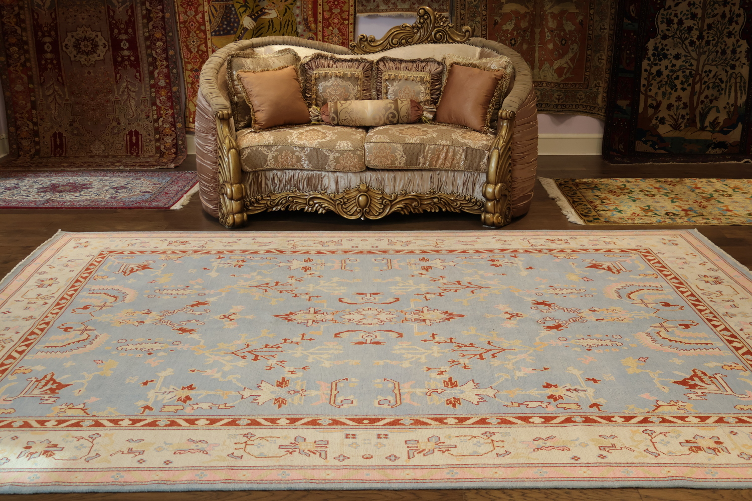 Vegetable Dye Wool Muted Blue Oushak Turkish Area Rug 9x12