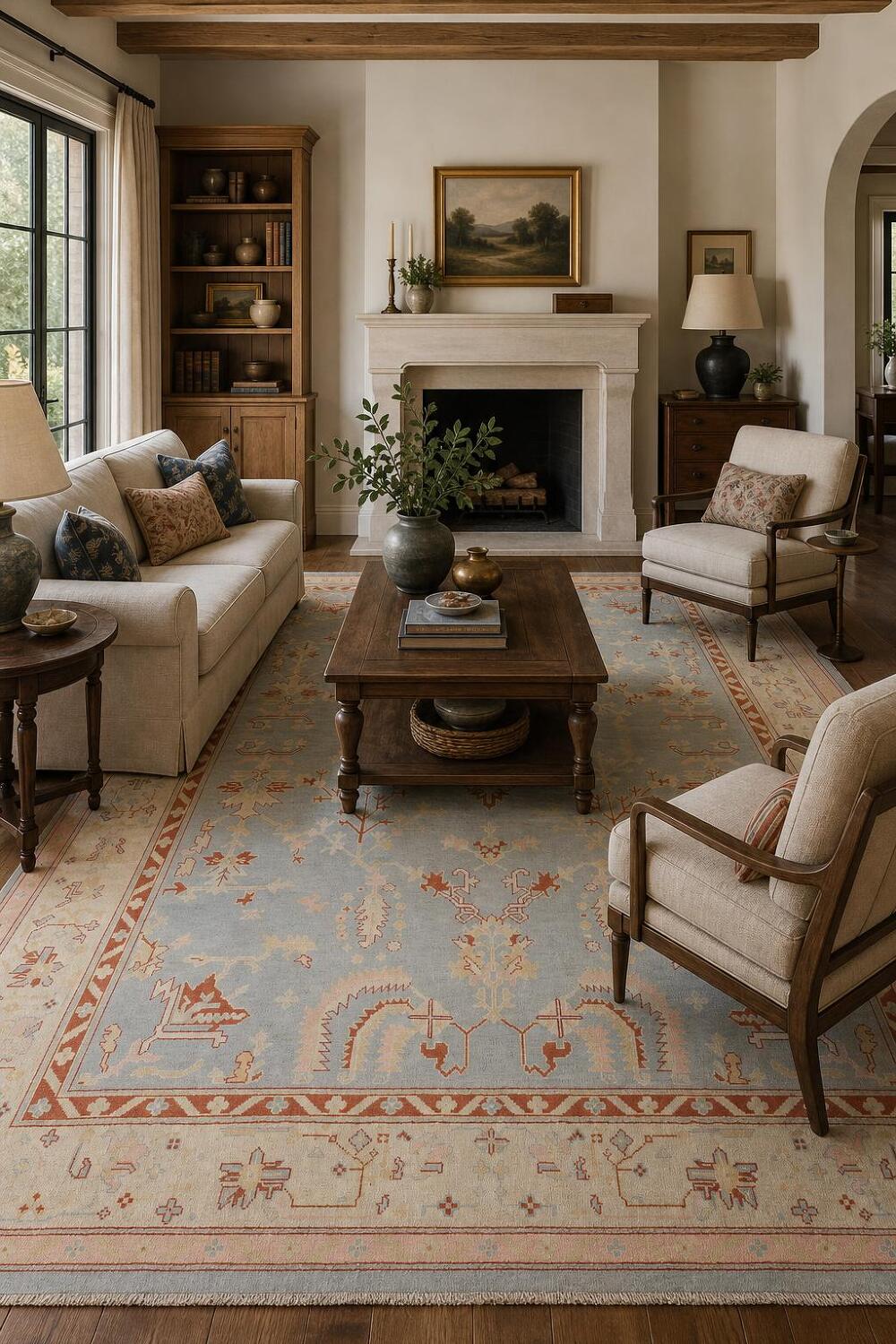 Vegetable Dye Wool Muted Blue Oushak Turkish Area Rug 9x12