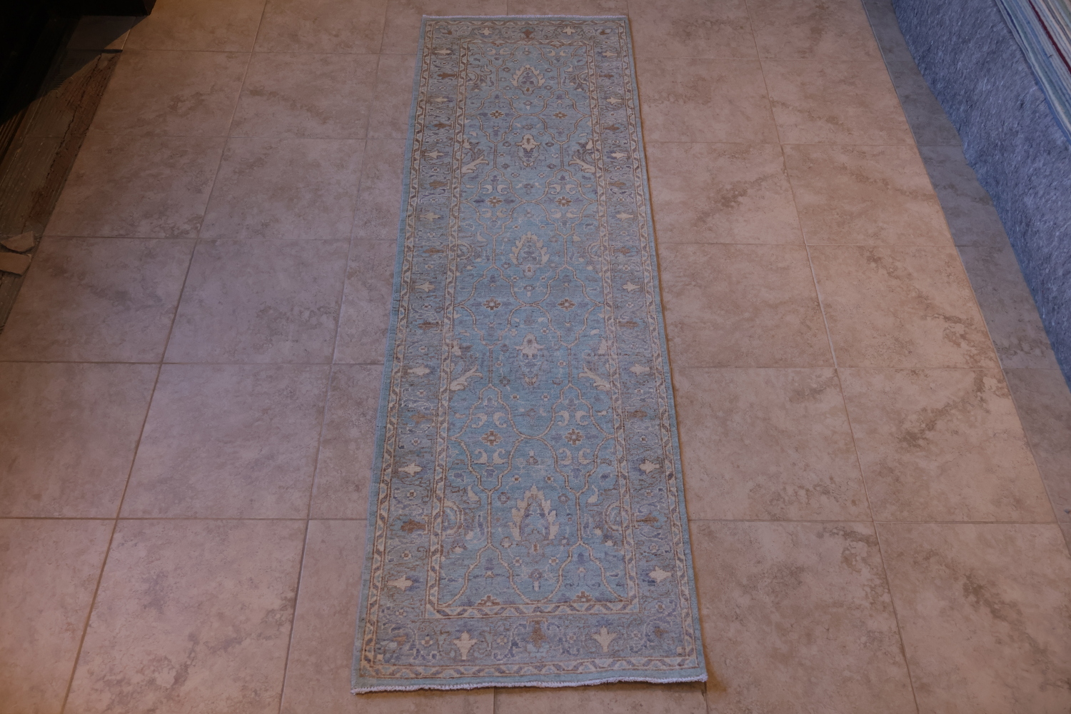 Muted Blue Oushak Turkish Oriental Wool Runner Rug 3x8