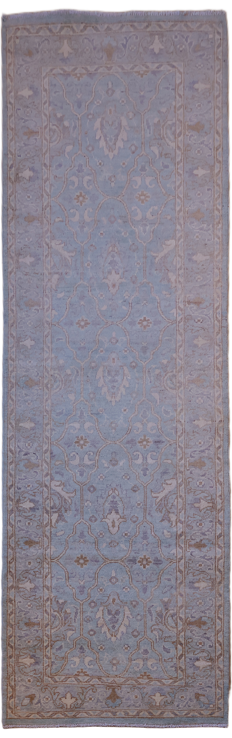 Muted Blue Oushak Turkish Oriental Wool Runner Rug 3x8