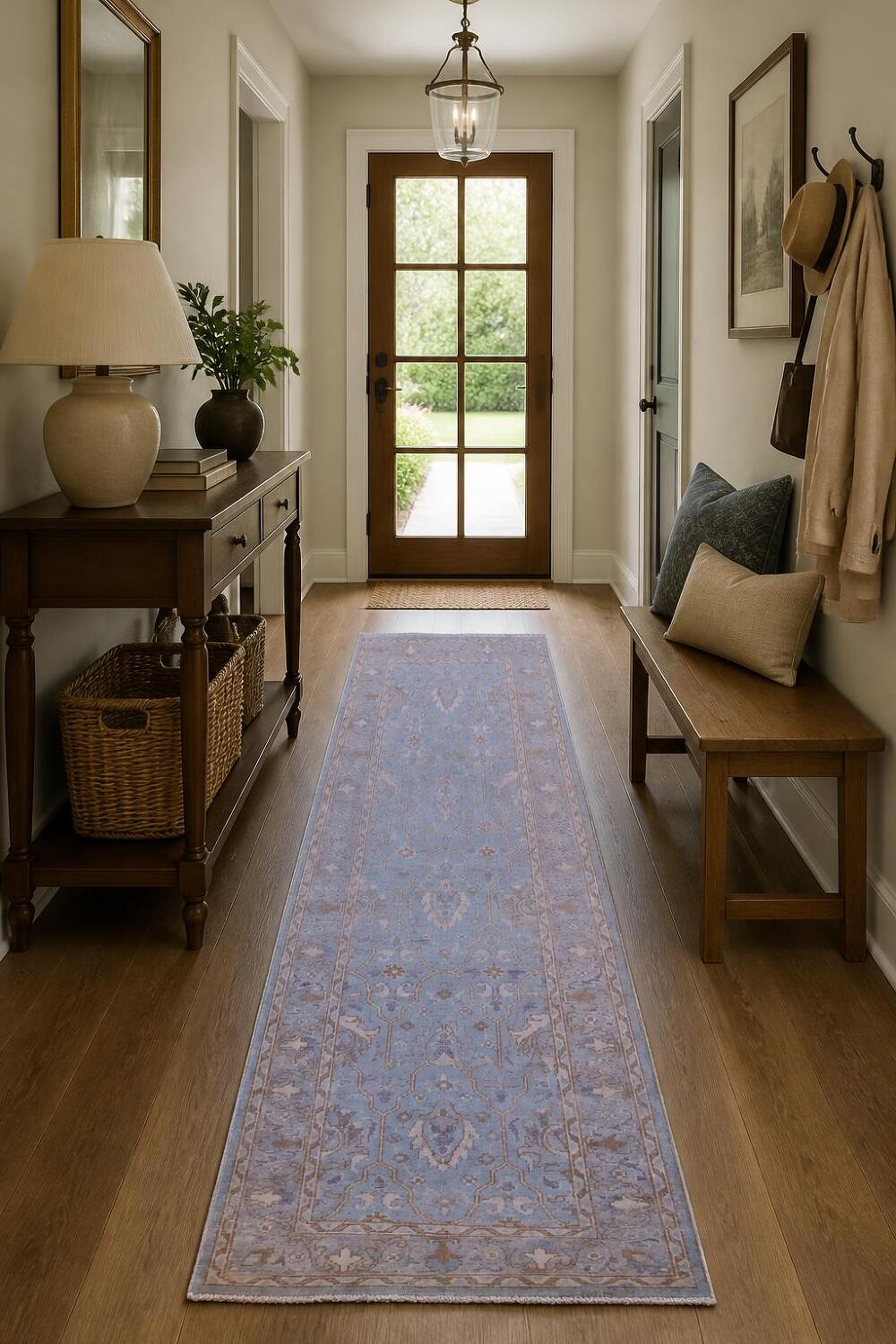Muted Blue Oushak Turkish Oriental Wool Runner Rug 3x8