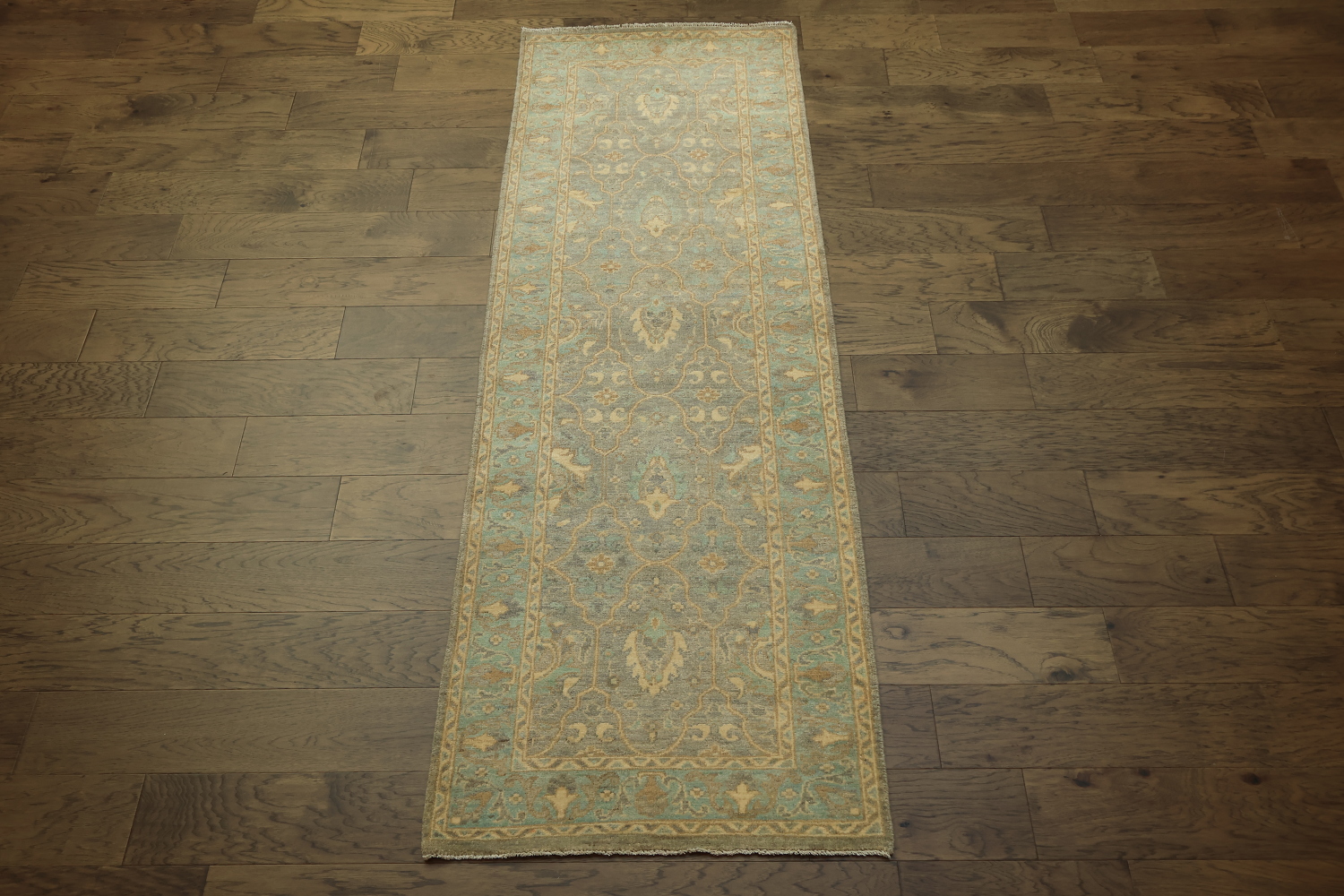 Muted Grey And Green All Over Oriental Oushak Turkish Runner Wool Rug 3x8