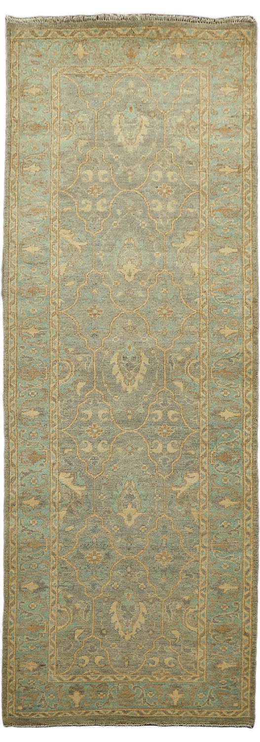 Muted Grey And Green All Over Oriental Oushak Turkish Runner Wool Rug 3x8