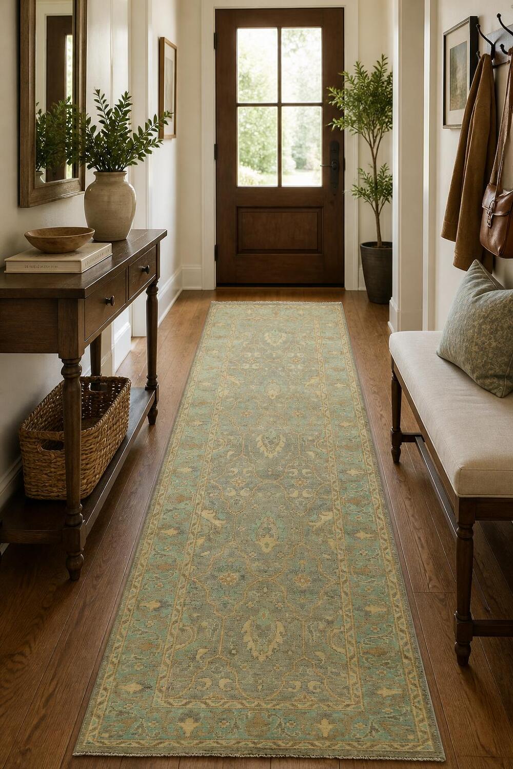 Muted Grey And Green All Over Oriental Oushak Turkish Runner Wool Rug 3x8