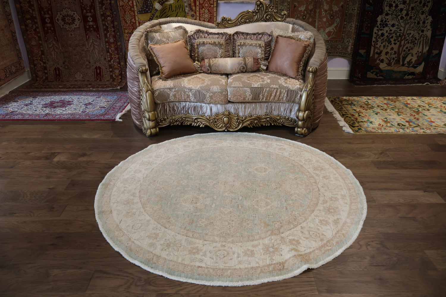 Outstanding Muted Green Oriental Oushak Turkish Round Wool Rug 7x7