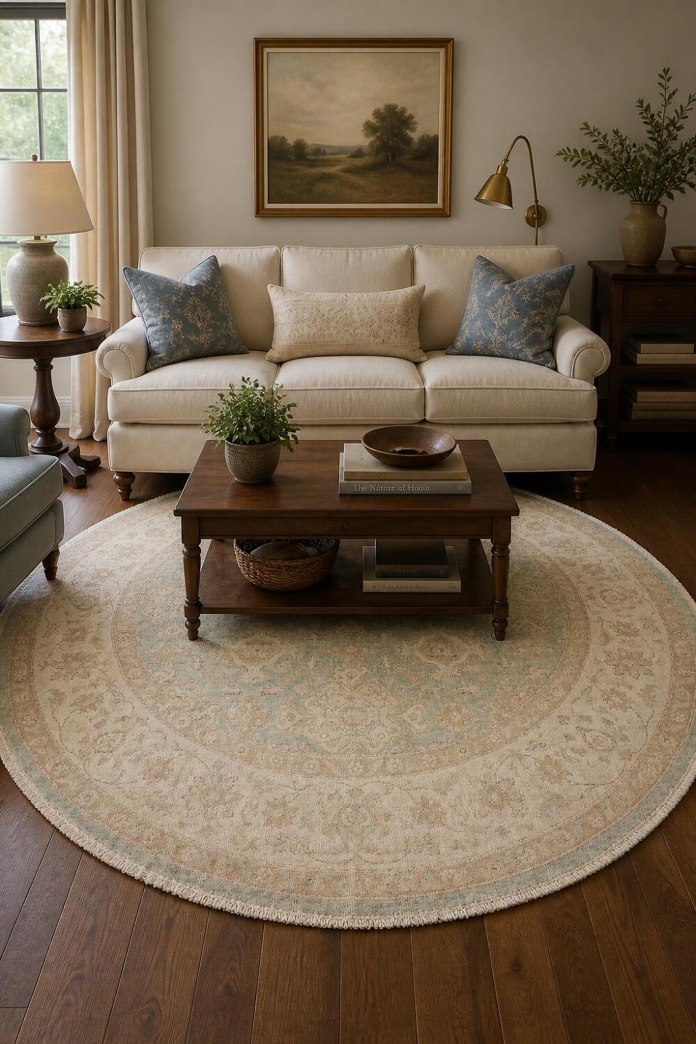 Outstanding Muted Green Oriental Oushak Turkish Round Wool Rug 7x7