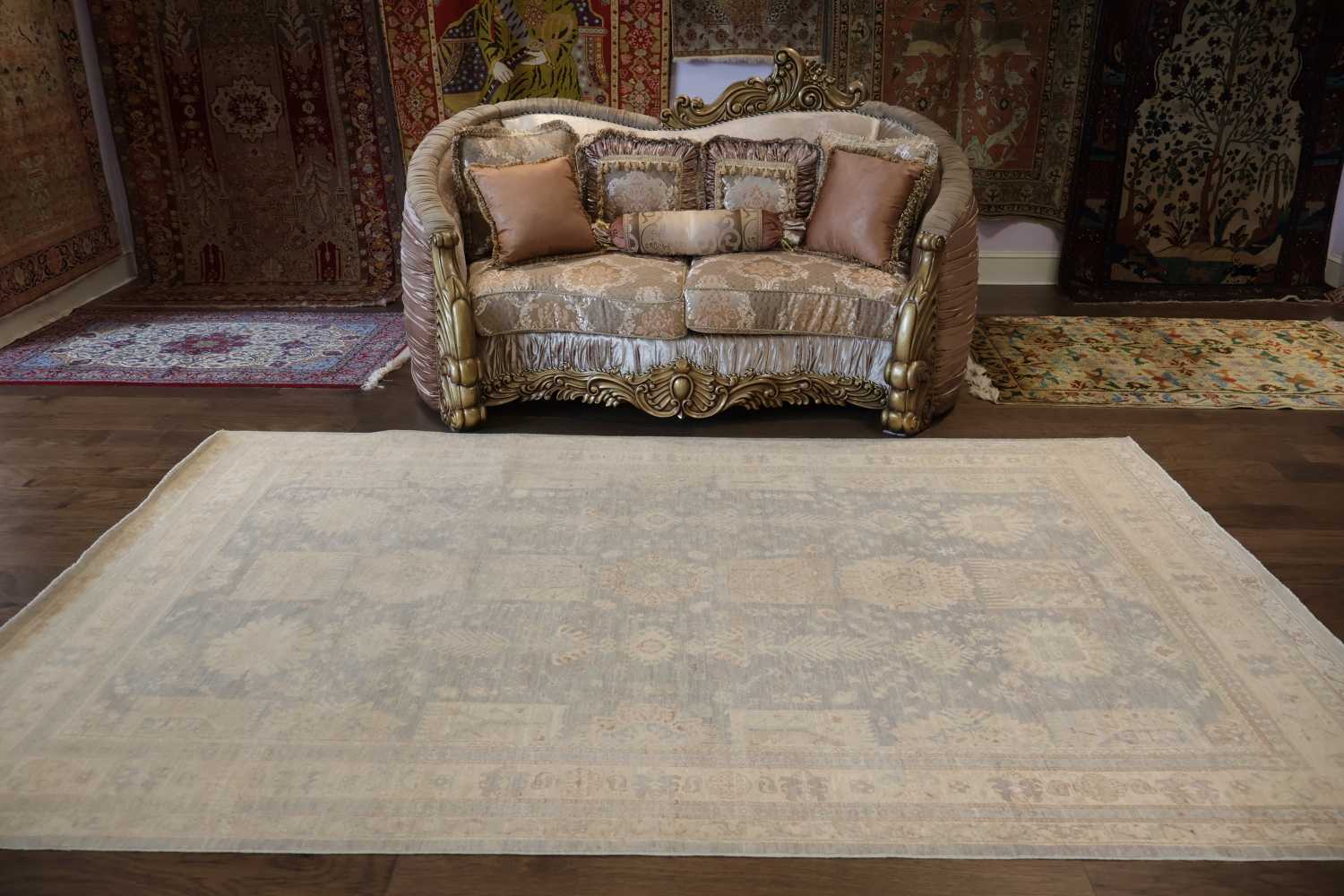 Muted Grey Refined Rectangular Oriental Oushak Wool Rug Featuring Intricate Floral Designs 7x10
