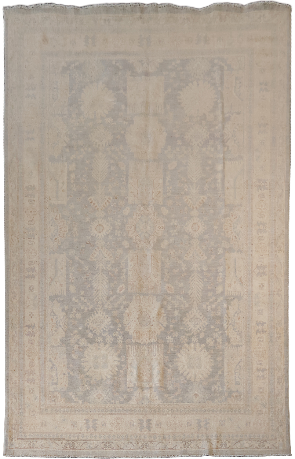 Muted Grey Refined Rectangular Oriental Oushak Wool Rug Featuring Intricate Floral Designs 7x10