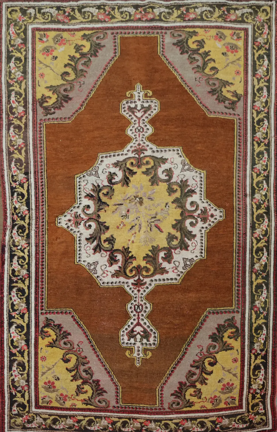 Pre-1900 Vegetable Dye Rust and Yellow Oushak Turkish Rug 5x7