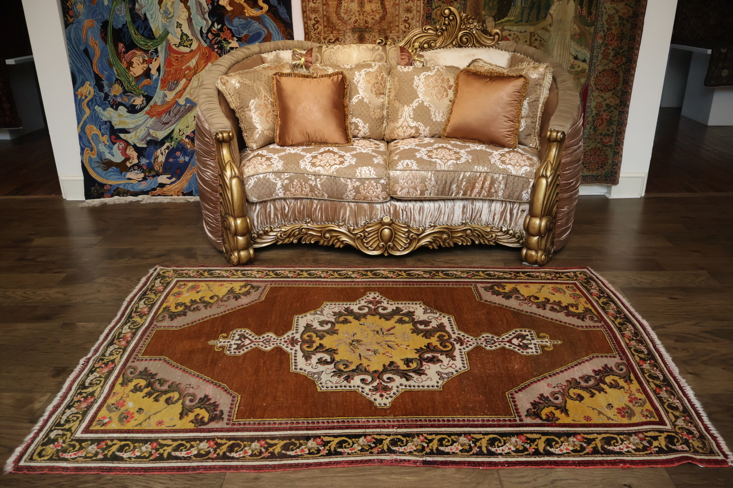 Pre-1900 Vegetable Dye Rust and Yellow Oushak Turkish Rug 5x7