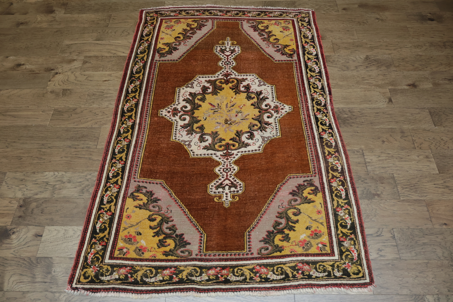 Pre-1900 Vegetable Dye Rust and Yellow Oushak Turkish Rug 5x7