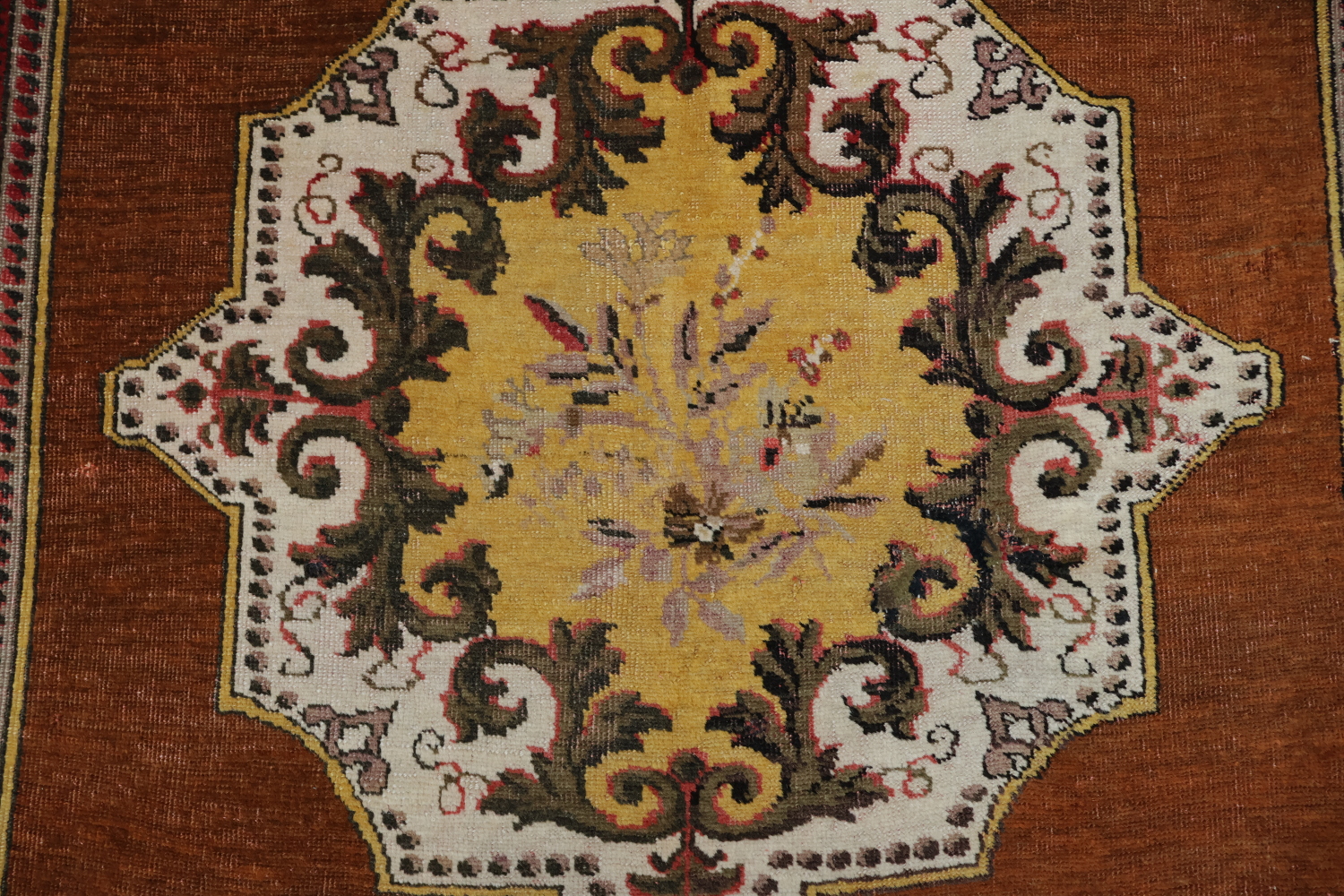 Pre-1900 Vegetable Dye Rust and Yellow Oushak Turkish Rug 5x7