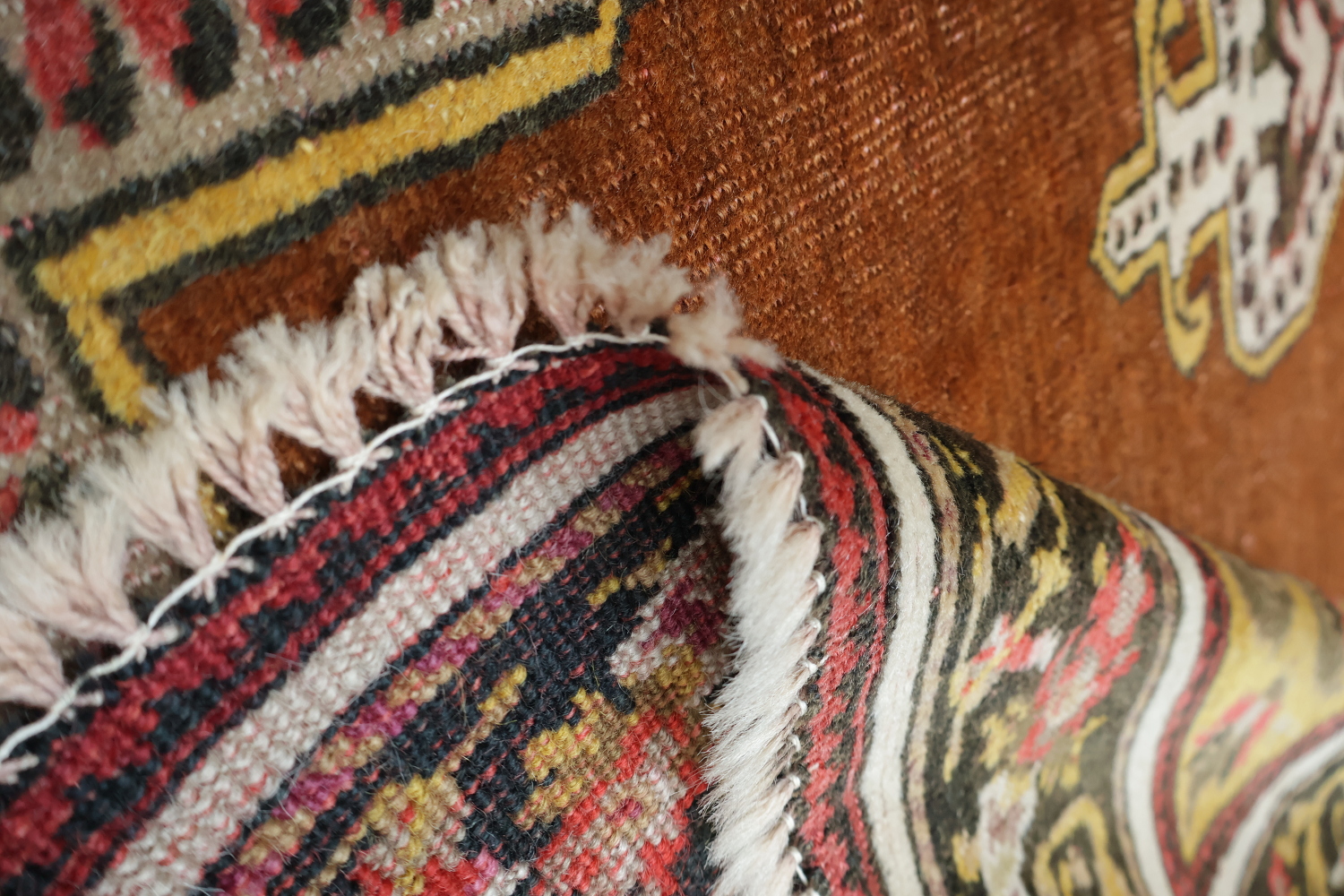 Pre-1900 Vegetable Dye Rust and Yellow Oushak Turkish Rug 5x7
