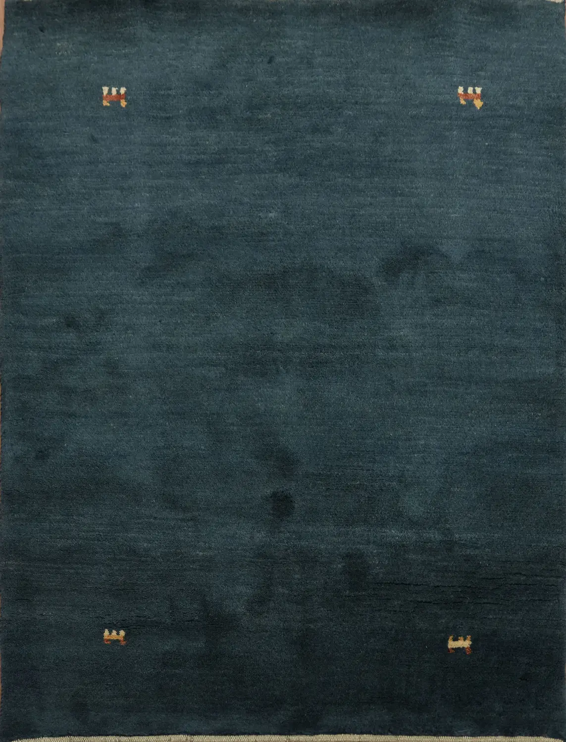 Rich Deep Blue Gabbeh Persian Rug with Minimalist Little Characters 4x5