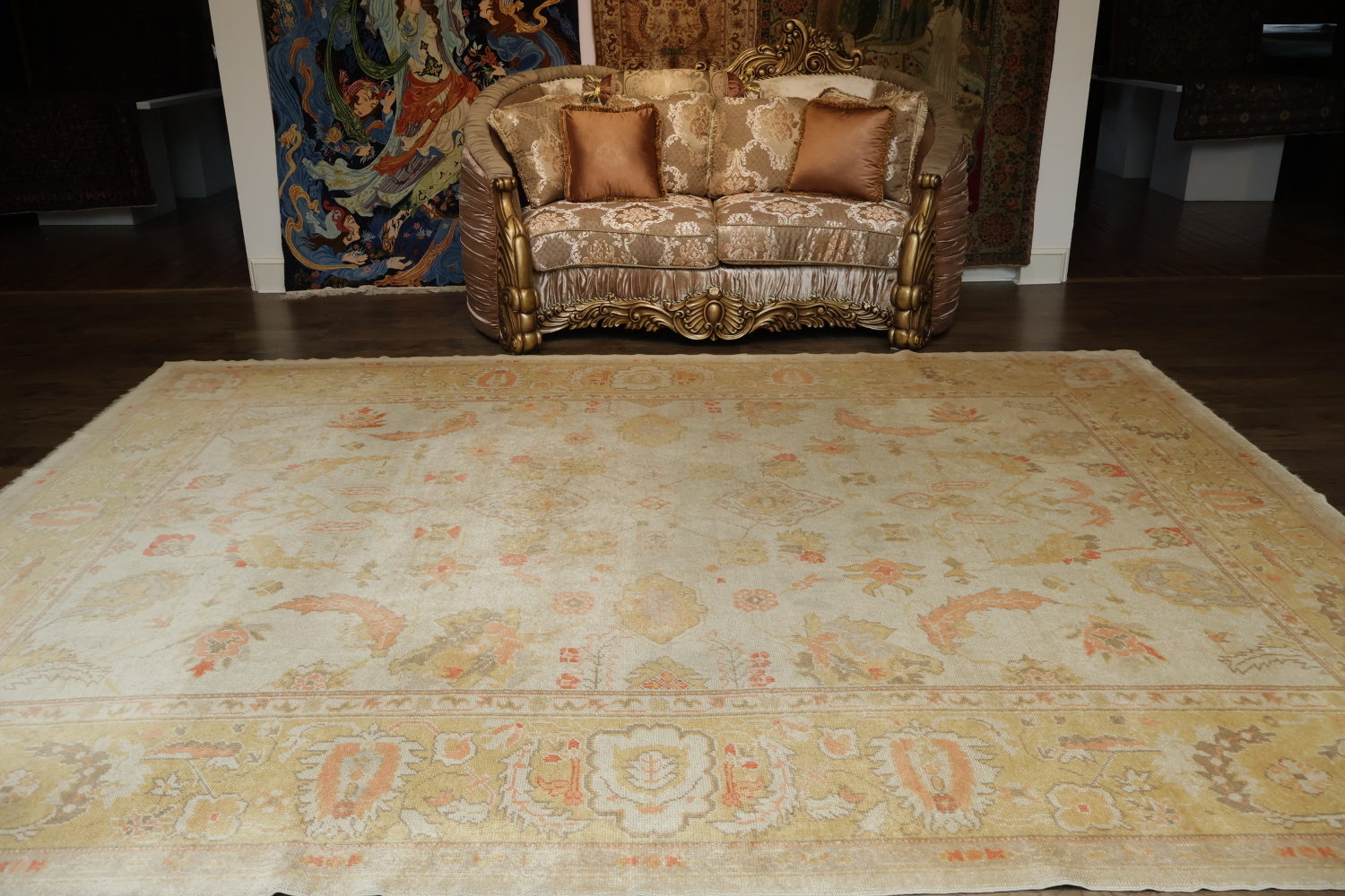 Antique Muted Green and Gold Oushak Turkish Living Room Rug 9x12