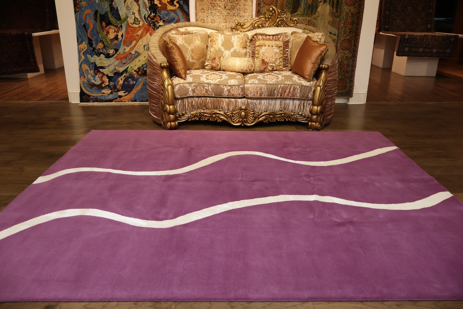 Elegant Purple Nepalese Rug with Wavy White Lines for Modern Interiors 8x10