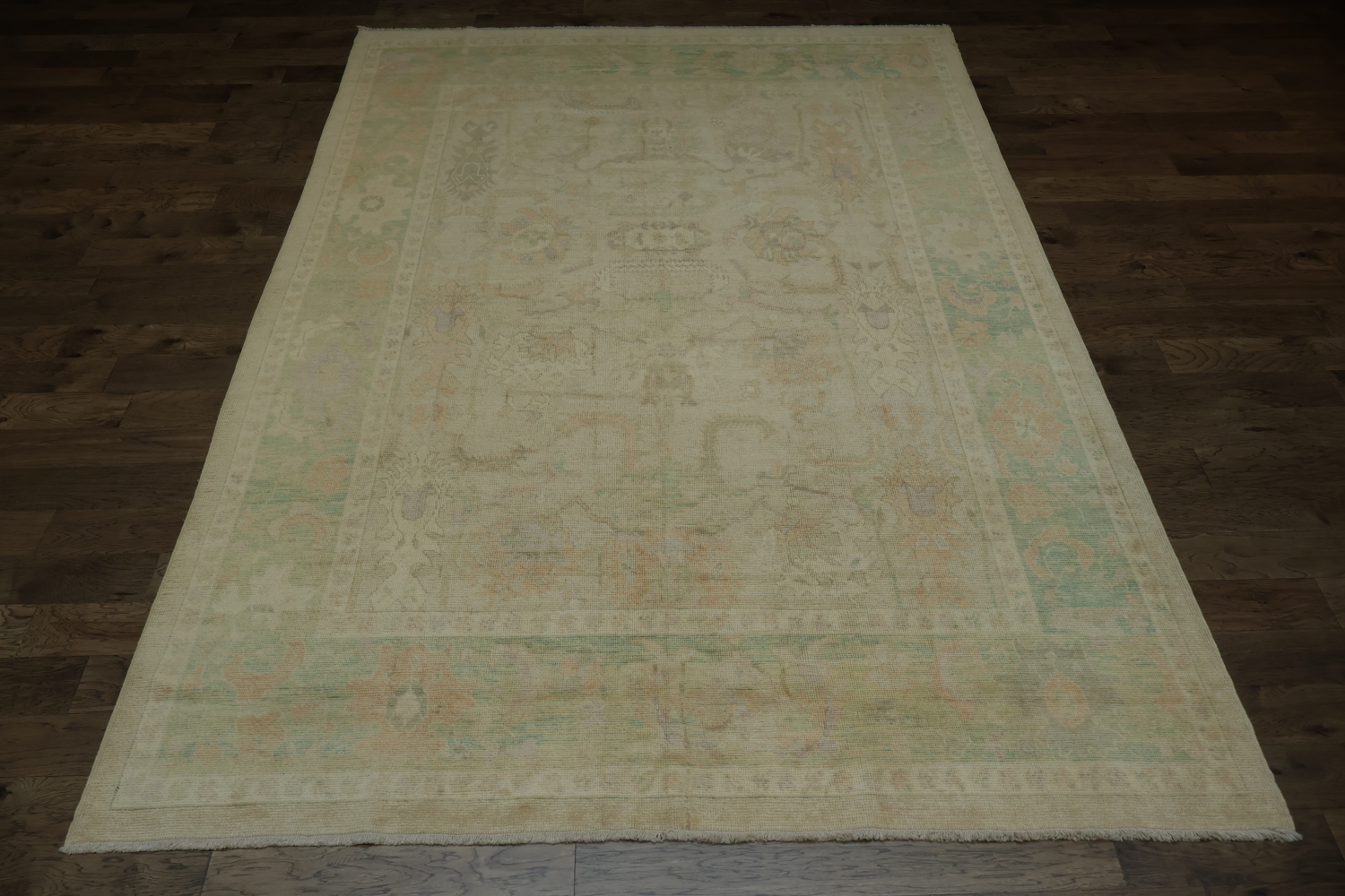 Vegetable Dye Antique Look Oushak Turkish Beige Green Patterned Area Rug 9x13
