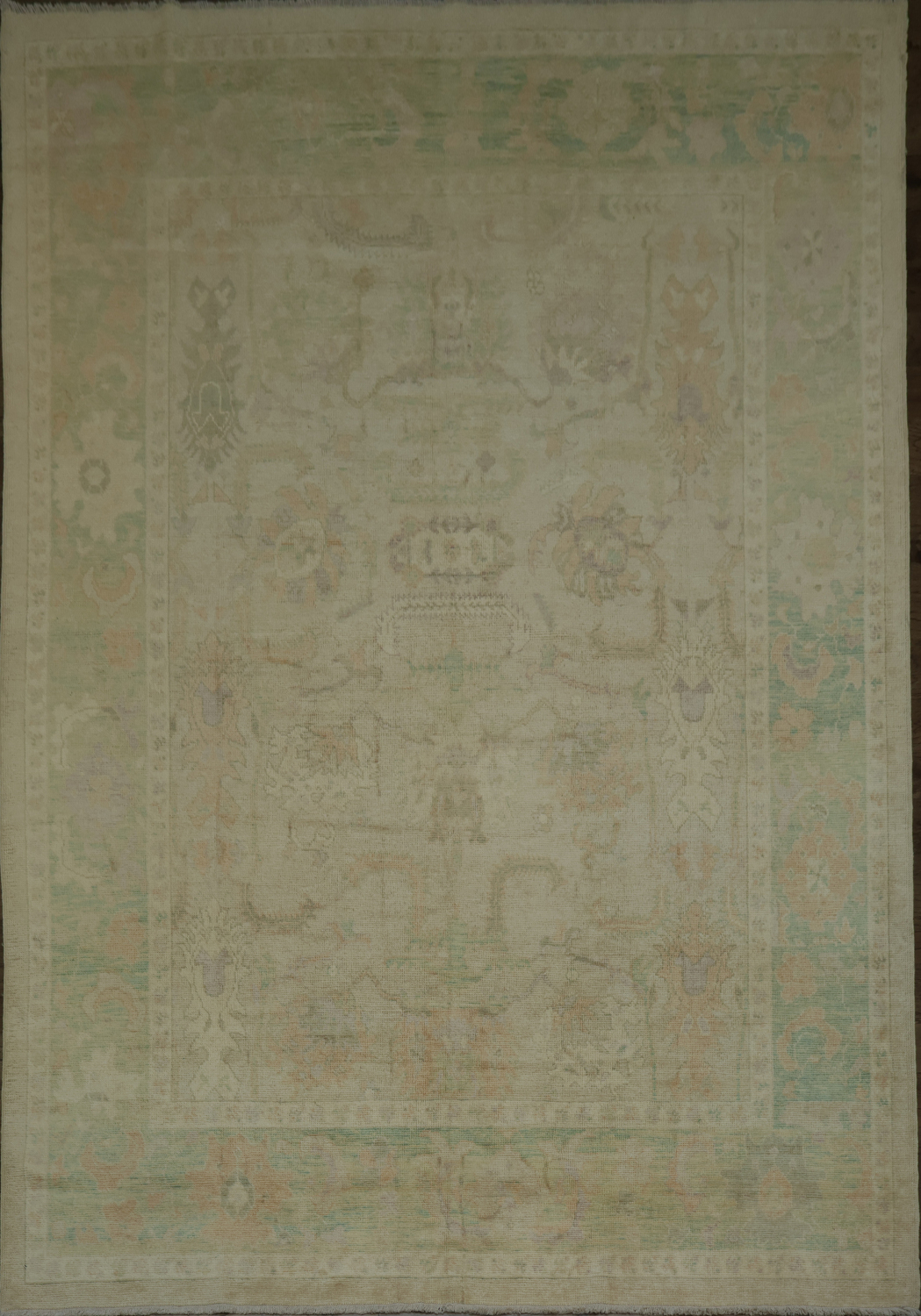 Vegetable Dye Antique Look Oushak Turkish Beige Green Patterned Area Rug 9x13