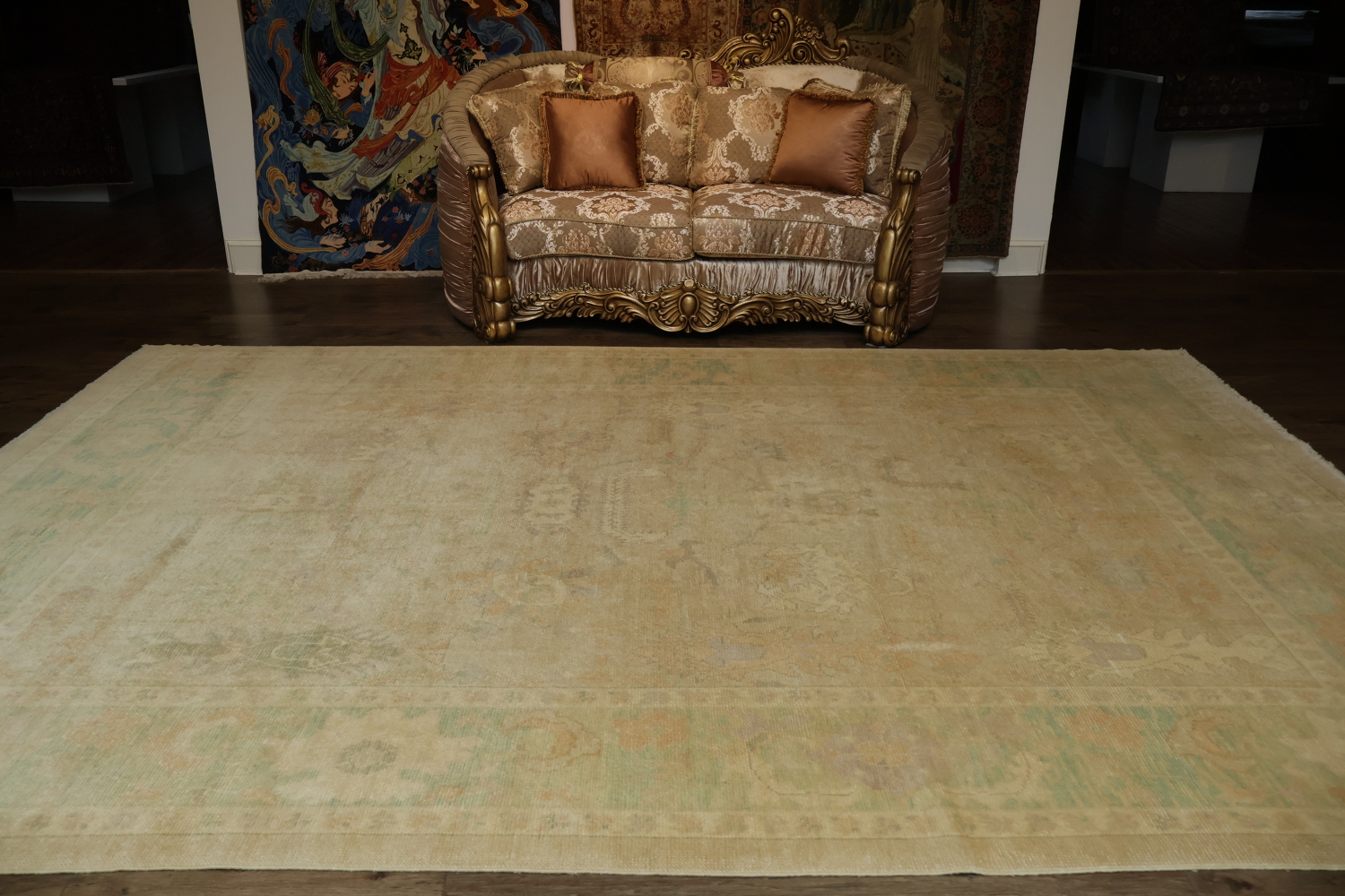 Vegetable Dye Antique Look Oushak Turkish Beige Green Patterned Area Rug 9x13