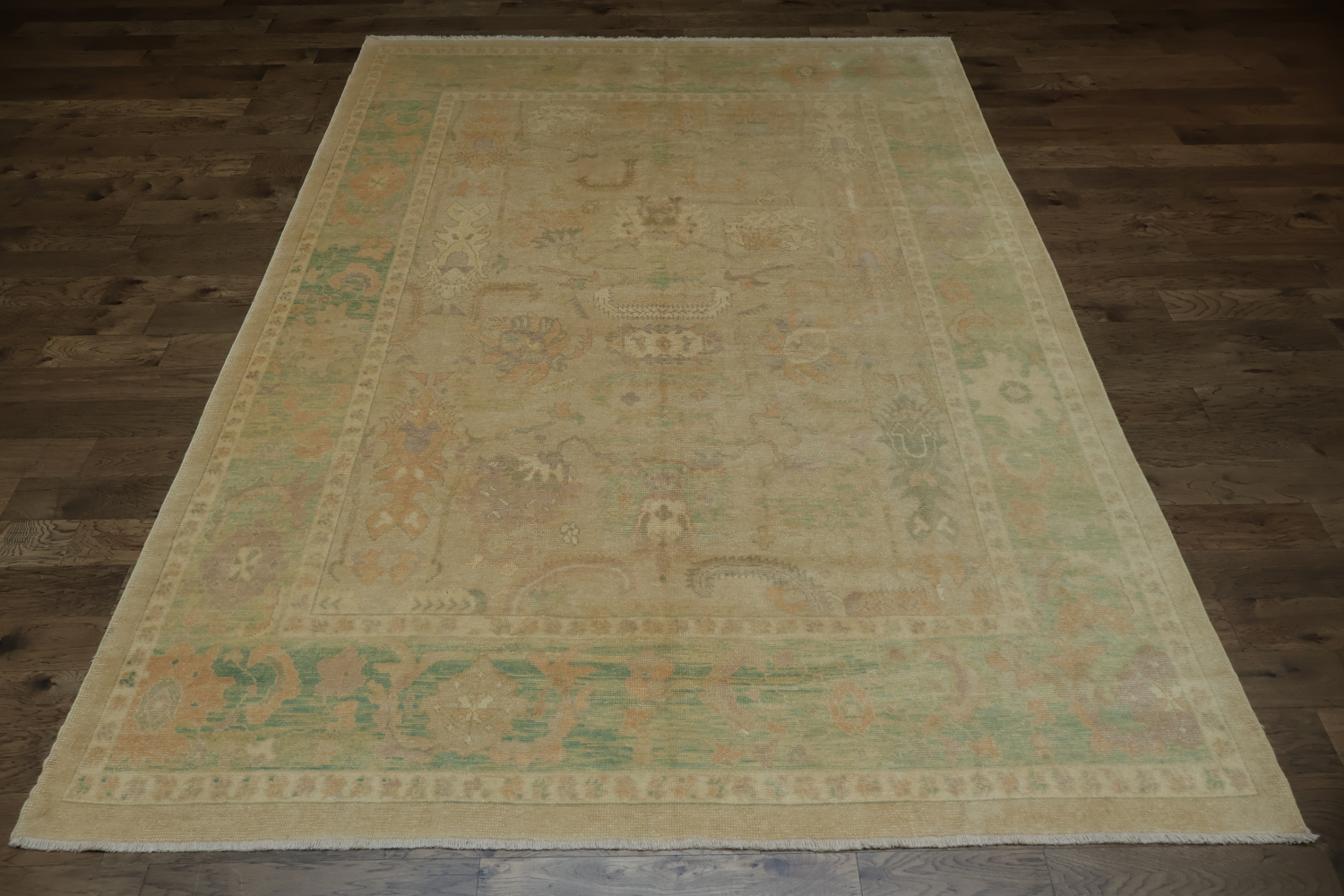 Vegetable Dye Antique Look Oushak Turkish Beige Green Patterned Area Rug 9x13