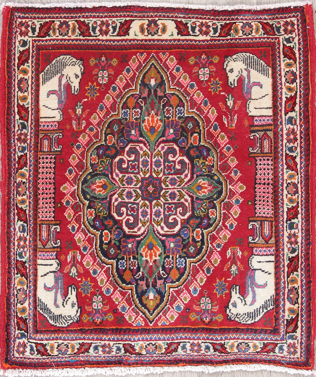 Animal Pictorial Tribal Abadeh Persian Hand-Knotted 2x2 Red Square Wool Rug