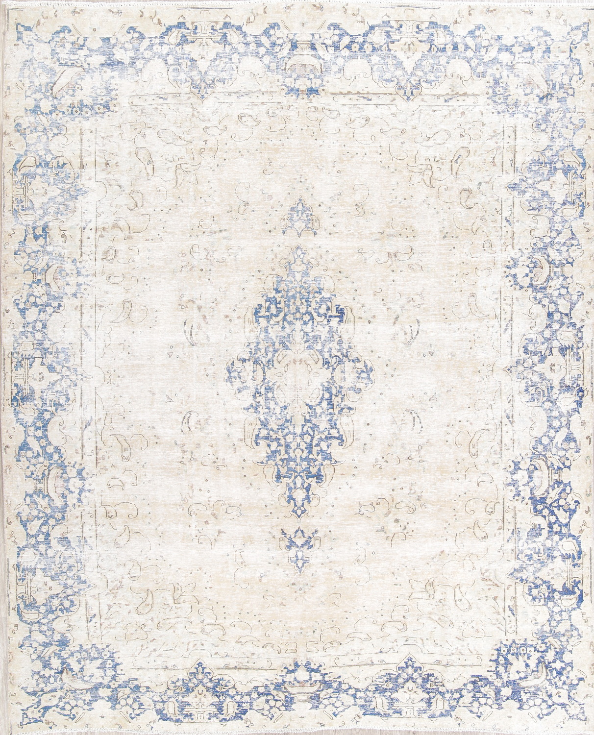 Antique Kerman Muted Ivory/Blue Distressed Persian Rug 10x12