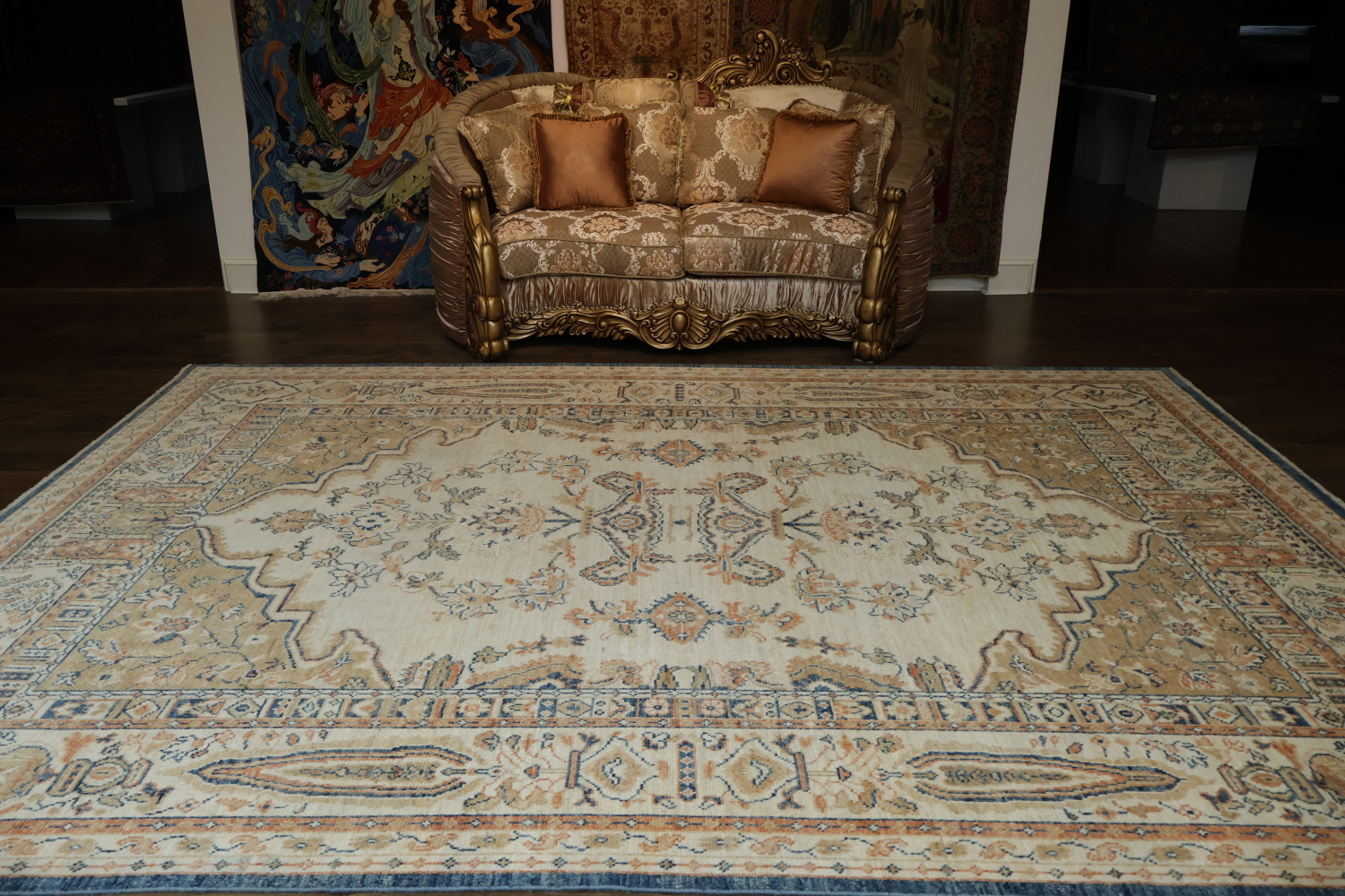 Classic Oushak Turkish Beige and Blue Tones Traditional Area Rug