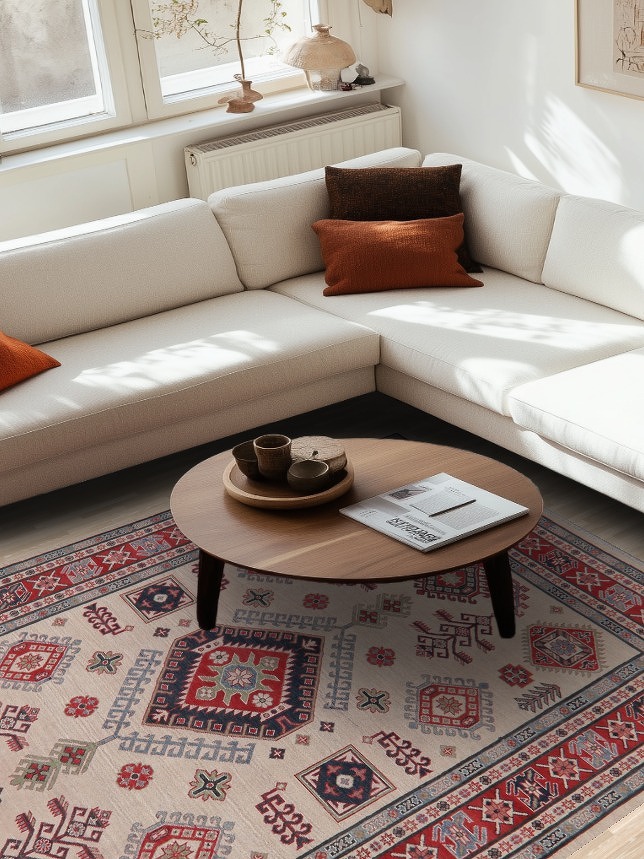 Geometric Ivory Super Kazak Oriental Wool Area Rug 7x9