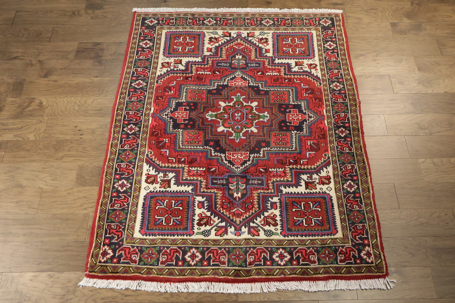 Geometric Tribal Deep Red and Navy Heriz Persian Area Rug 5x7