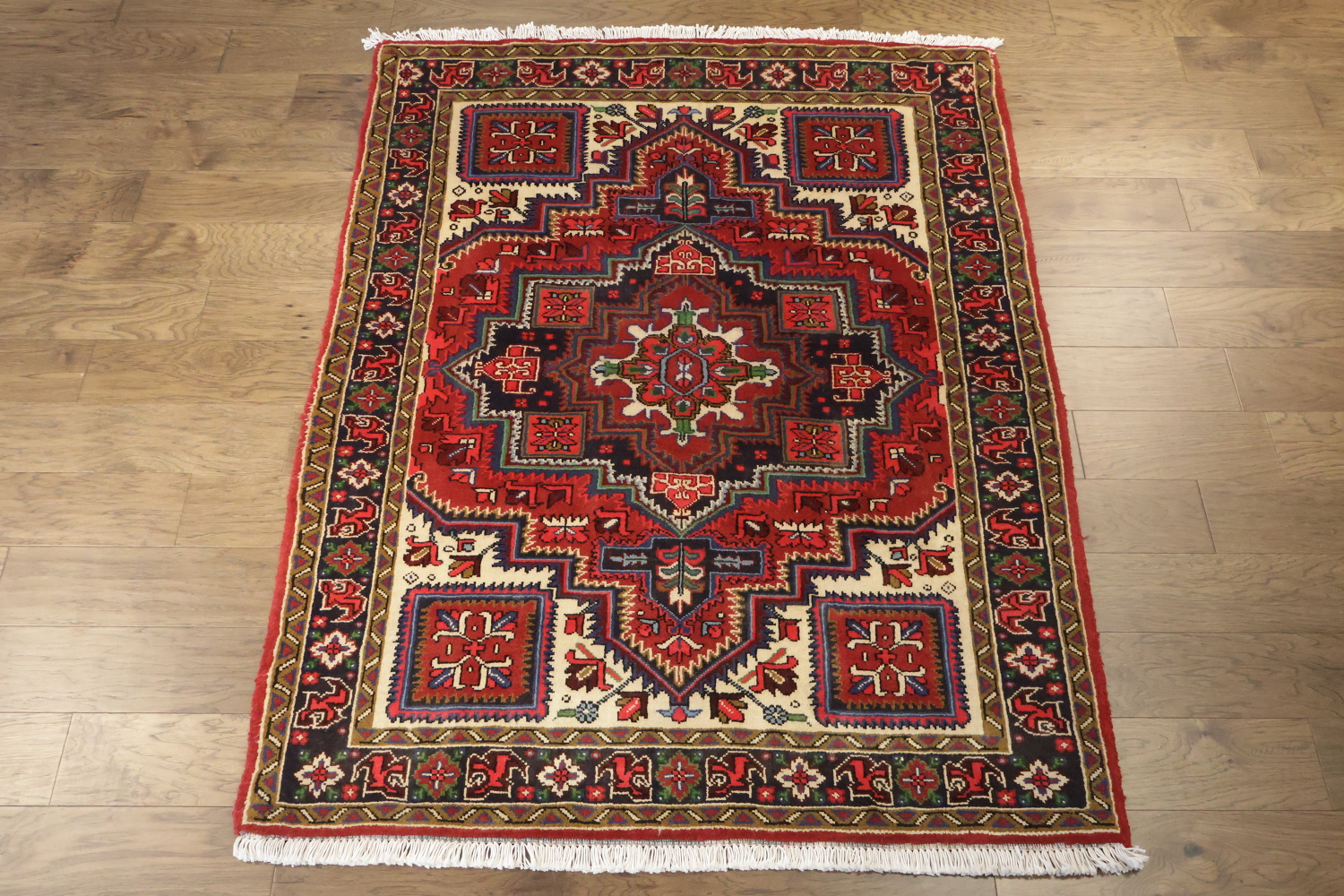 Geometric Tribal Deep Red and Navy Heriz Persian Area Rug 5x7