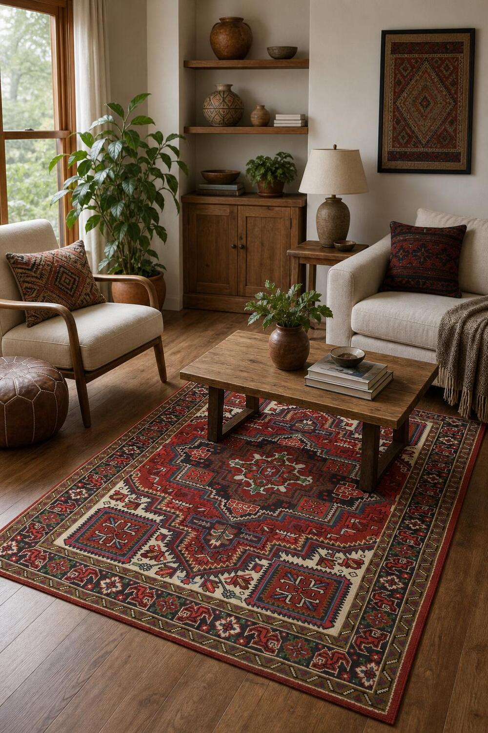 Geometric Tribal Deep Red and Navy Heriz Persian Area Rug 5x7