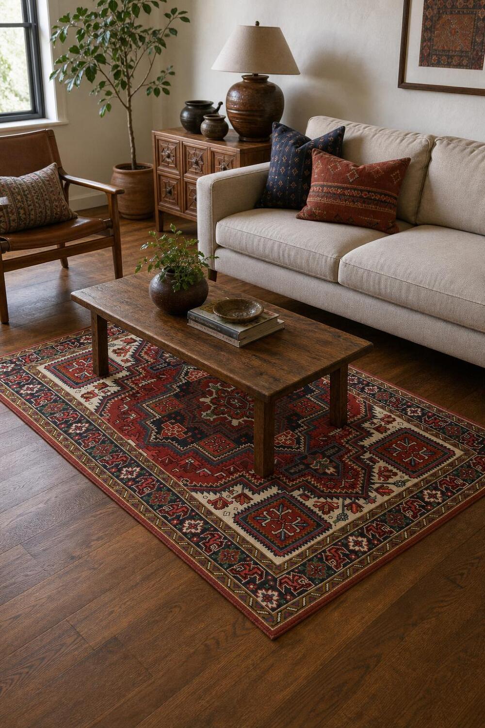 Geometric Tribal Deep Red and Navy Heriz Persian Area Rug 5x7