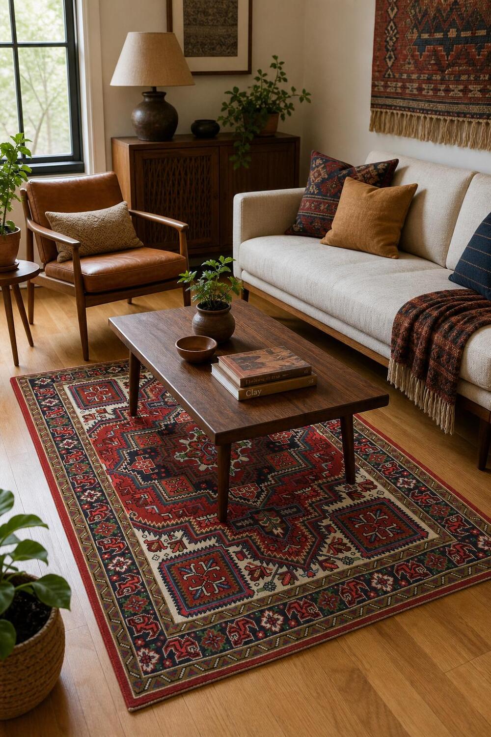 Geometric Tribal Deep Red and Navy Heriz Persian Area Rug 5x7